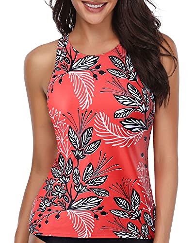 Padded Push Up Bra Tankini Top Tummy Control Swimsuit Top-Red Floral